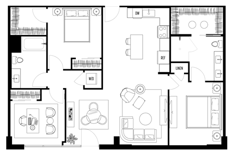 A black and white floor plan of a house with labeled rooms.
